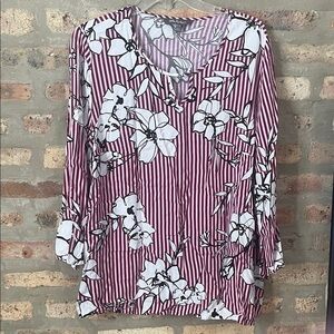 Ulla Popken Maroon and White Floral Stripe Blouse